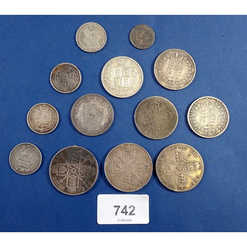 742 - A British silver group including Charles II, George III, George IV, Victoria, 160g Cond: Poor - VF