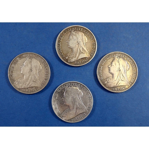 743 - Four Victoria silver crowns 1893, 1896 and 2x 1898