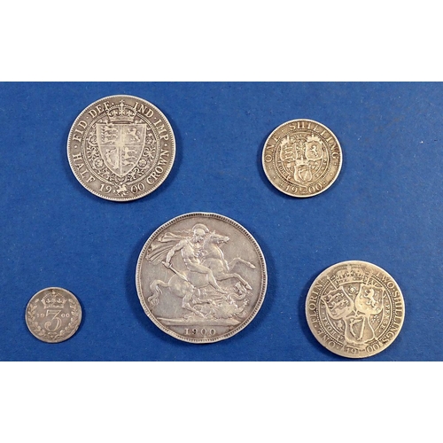 744 - A Victoria silver group 1900 crown, half crown, florin, shilling and threepence