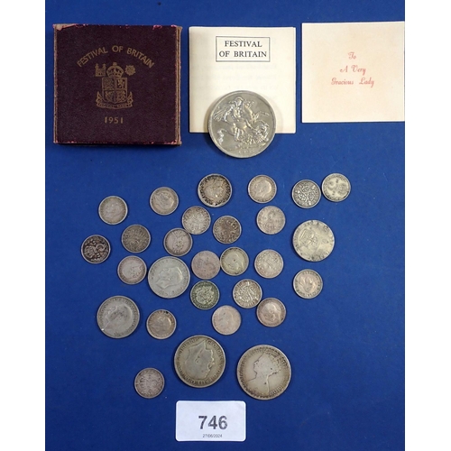 746 - Quantity of silver content coinage including threepences, shillings, florins Victoria through George... 