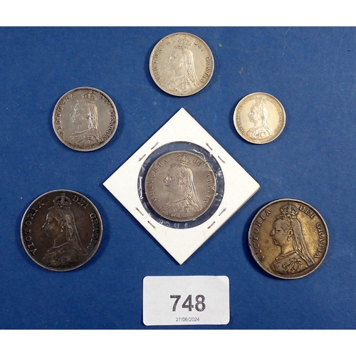 748 - A Victoria jubilee head silver group including a half crown, 2x double florins, 2x florins, 2x shill... 