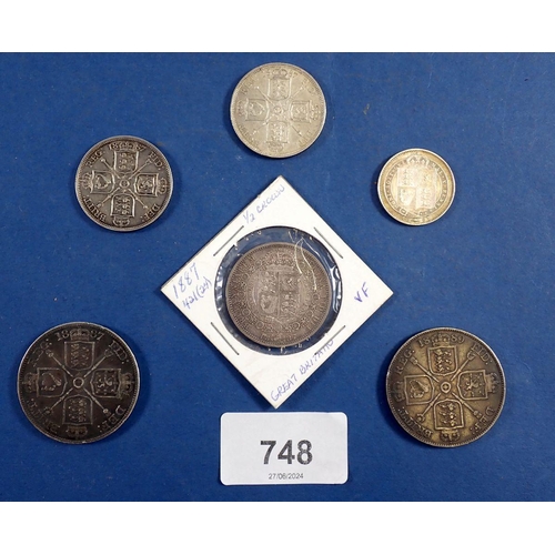 748 - A Victoria jubilee head silver group including a half crown, 2x double florins, 2x florins, 2x shill... 