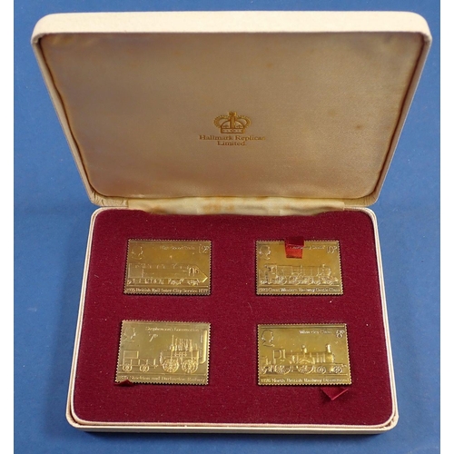 767 - A set of four Passenger Railway 150th Anniversary 1825-1975 gold plated silver stamps by Hallmark Re... 