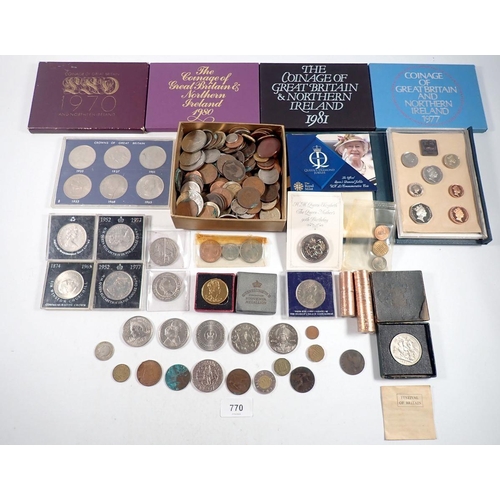 770 - A box of various pre-decimal British coins, year sets and Elizabeth II commemorative crowns, Coinage... 