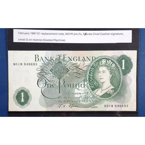 775 - A Bank of England one pound replacement note: Prefix N01M No: 848693, small G on reverse, cashier J.... 