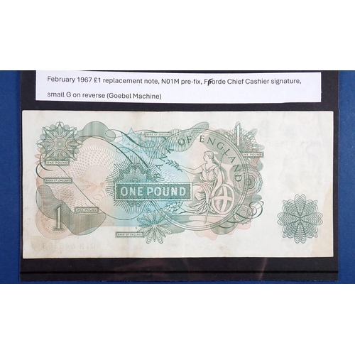 775 - A Bank of England one pound replacement note: Prefix N01M No: 848693, small G on reverse, cashier J.... 