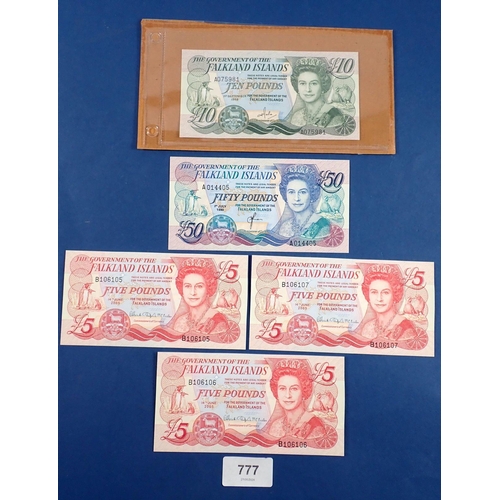 777 - Falkland Islands banknotes x5 - fifty pounds 1st July 1990 A014405, ten pounds 1st September 1986 A0... 