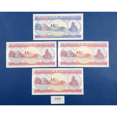 777 - Falkland Islands banknotes x5 - fifty pounds 1st July 1990 A014405, ten pounds 1st September 1986 A0... 