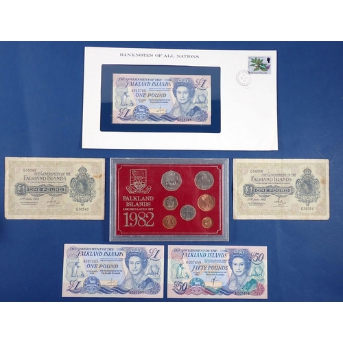 779 - Falkland Islands banknotes x5 - fifty pounds 1st July 1990 A007459, one pound 15th June 1982 x2 G365... 