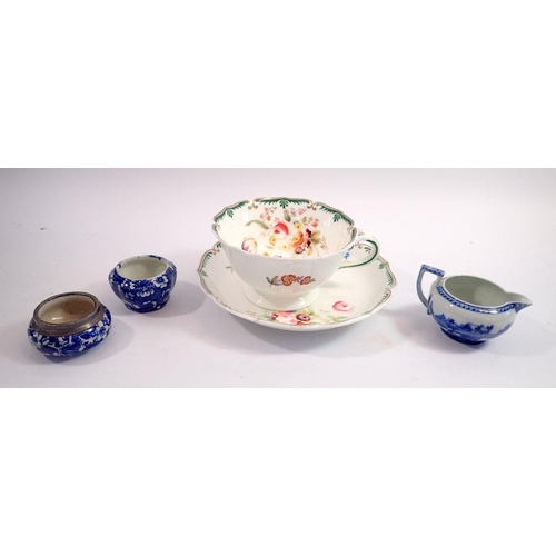 78 - A Coalport floral cup and saucer, a Wedgwood 'Fallow Deer' small jug and two blue and white salts