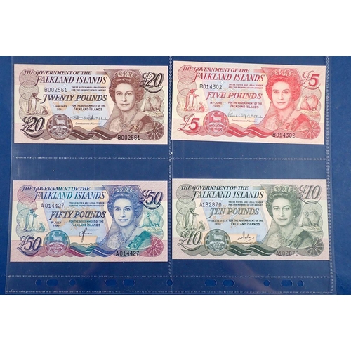 780 - Falkland Islands banknotes x4 - fifty pounds 1st July 1990 A014427, twenty pounds 1st January 2011 B... 