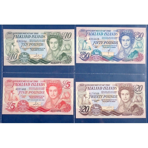 781 - Falkland Islands banknotes x4 - fifty pounds 1st July 1990 A014428, twenty pounds 1st October 1984 A... 