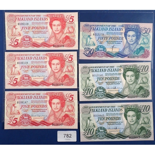 782 - Falkland Islands banknotes x6 - fifty pounds 1st July 1990 A013279, ten pounds x2 1st January 2011 B... 