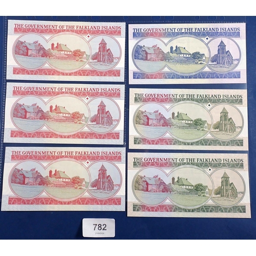 782 - Falkland Islands banknotes x6 - fifty pounds 1st July 1990 A013279, ten pounds x2 1st January 2011 B... 