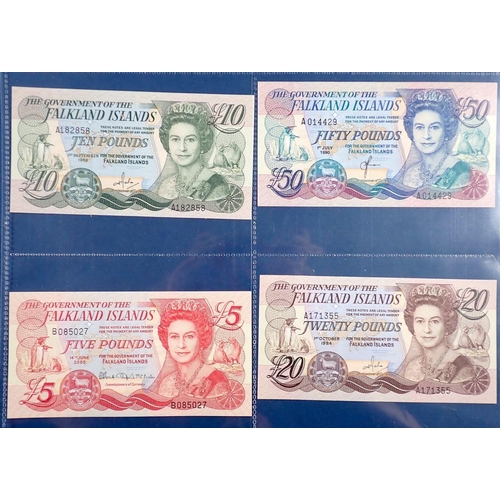 783 - Falkland Islands banknotes x4 - fifty pounds 1st July 1990 A014429, twenty pounds 1st October 1984 A... 