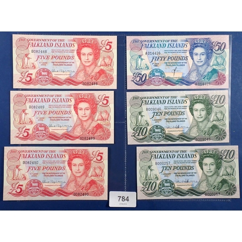 784 - Falkland Islands banknotes x6 - fifty pounds 1st July 1990 A014426, ten pounds x2 1st January 2011 B... 