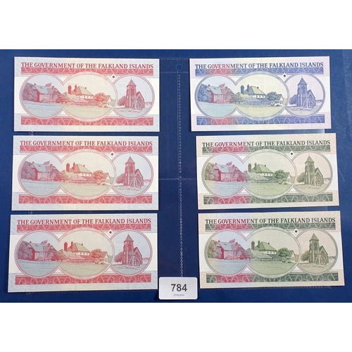 784 - Falkland Islands banknotes x6 - fifty pounds 1st July 1990 A014426, ten pounds x2 1st January 2011 B... 