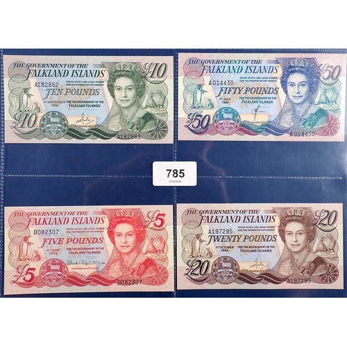 785 - Falkland Islands banknotes x4 - fifty pounds 1st July 1990 A014430, twenty pounds 1st October 1984 A... 