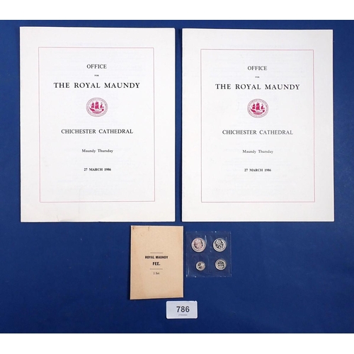 786 - A 1986 Maundy silver coin set with paperwork for the Maundy service at Chichester Cathedral 27th Mar... 