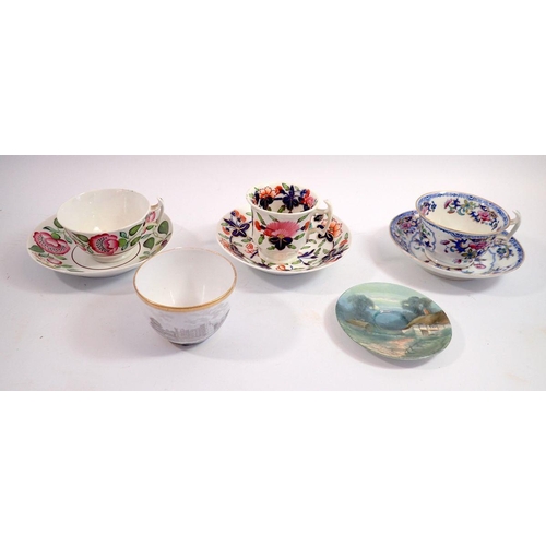 81 - A 19th century Newhall cup and saucer painted flowers, a Graingers Worcester one and one other etc.