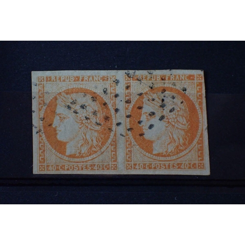 863 - Stamps of France: Used 1850 issue “Ceres Head” 40c orange, imperforate pair, with four margin.