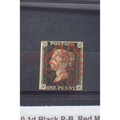 869 - GB stamp: Used line-engraved 1d black ‘PB’, with red Maltese Cross, SG2, cat £375.