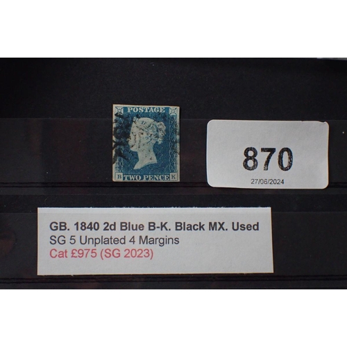 870 - GB stamp: Used line-engraved 2d Blue ‘BK’, 4 margin, with black Maltese cross, SG5, cat £975