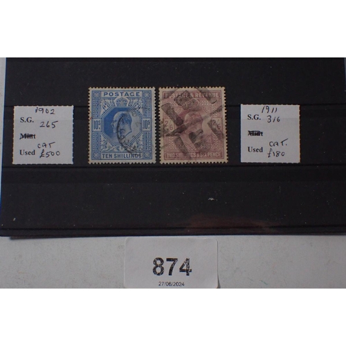 874 - GB stamps: Two used KEVII higher values, 10/-, SG 265, and 2/6d SG 316. Total SG cat £680.