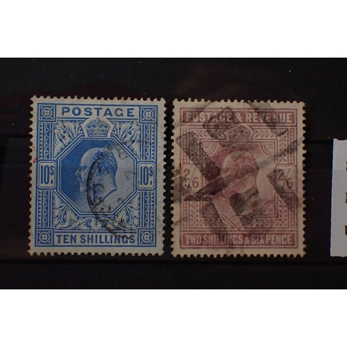 874 - GB stamps: Two used KEVII higher values, 10/-, SG 265, and 2/6d SG 316. Total SG cat £680.