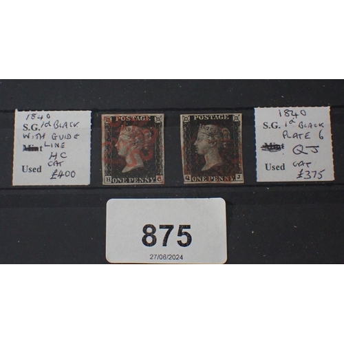 875 - GB stamps: Two QV used, line-engraved Penny Blacks, ‘HC’ and ‘QJ’, 4-margin, red Maltese Cross cance... 