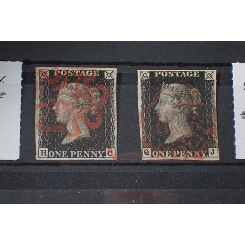 875 - GB stamps: Two QV used, line-engraved Penny Blacks, ‘HC’ and ‘QJ’, 4-margin, red Maltese Cross cance... 