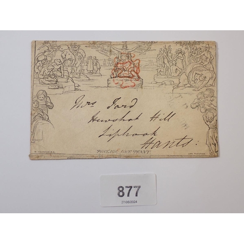 877 - GB: Used Mulready 1d black envelope, Forme A167, double red Maltese Cross, ‘T.P.TWICKENHAM’ bar canc... 