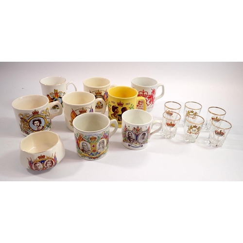 90 - A group of Royal commemorative mugs and a set of six Elizabeth II 1953 shot glasses
