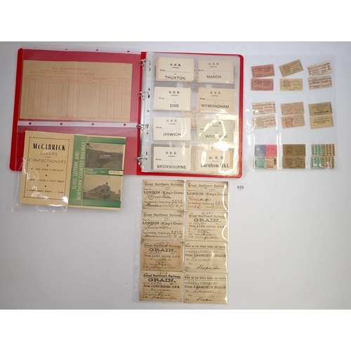 935 - A red album of GB and Ireland Railway ephemera including luggage and other labels, tickets, timetabl... 