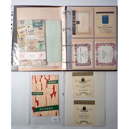 938 - A collection of vintage 1940-1980s wine and whisky bottle paper labels with four 1950-60's retail wi... 