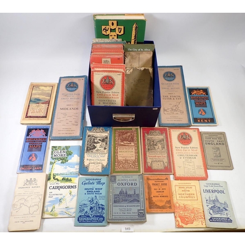 949 - A box containing over 25 various vintage maps, pocket guides etc. including Ordnance Survey examples... 