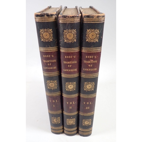 954 - Popular Traditions of England by J Roby, Lancashire - three volumes with leather and marble bindings... 