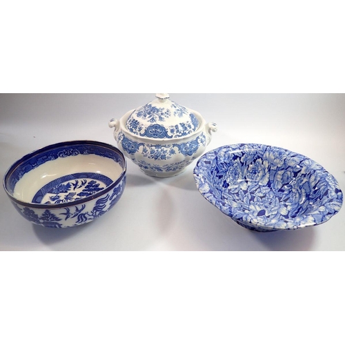 96 - A large Ridgeways blue and white covered tureen, an ironstone floral bowl and a Doulton Willow fruit... 