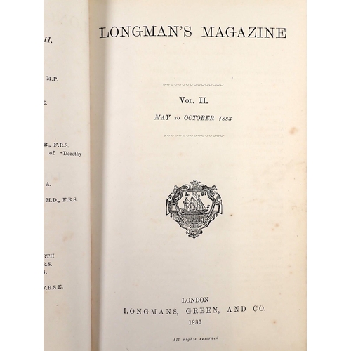 969 - Three Longman's Magazine leather bound books volumes II, IV and VI dating 1883-1885