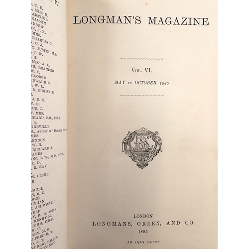 969 - Three Longman's Magazine leather bound books volumes II, IV and VI dating 1883-1885