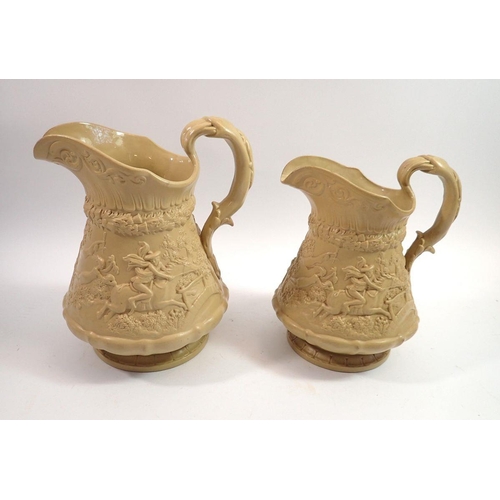 97 - Two Ridgeways stoneware press moulded jugs decorated Tom-O-Shanter, largest 24cm