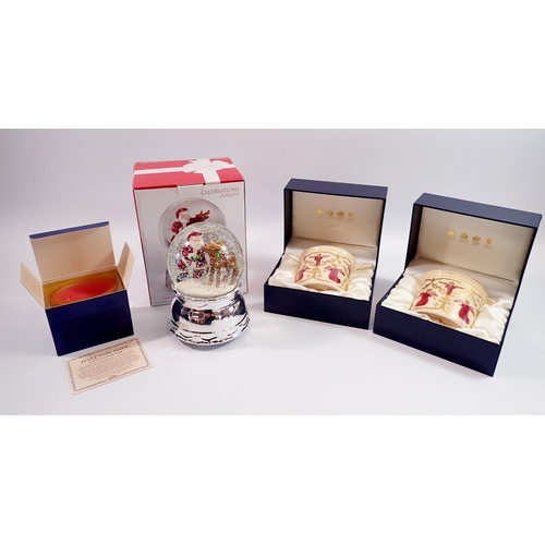 1101 - Two Halcyon Days oval porcelain candles (used) and refill, all boxed plus a Mikasa Musical Snow Glob... 