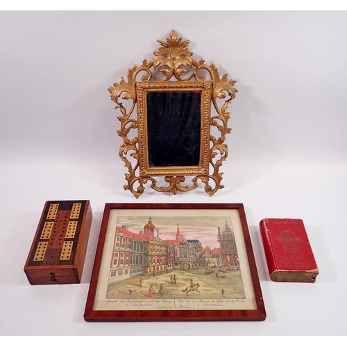 1106 - A gilt framed scrollwork mirror, cribbage board, Lexicon, print etc.