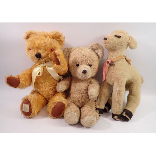 1124 - A Chad Valley vintage mohair teddy bear, 38cm, an old blonde teddy bear and a soft toy lamb