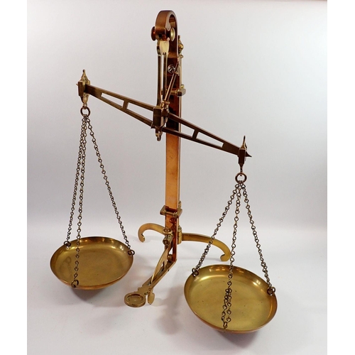 1156 - A 19th century H Pooley and Son set of brass balance scales on tripod stand, 56cm tall