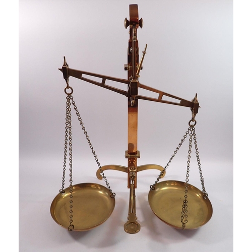 1156 - A 19th century H Pooley and Son set of brass balance scales on tripod stand, 56cm tall