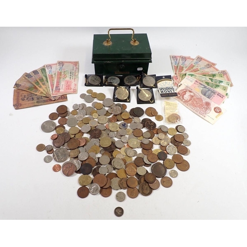 622 - A cash tin with miscellaneous coins and banknotes - Highlight George III silver sixpence 1820, Briti... 