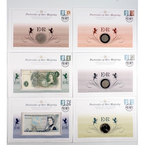 634 - Portraits of Her Majesty coin and banknote stamp covers x6 including Bank of England five pound note... 