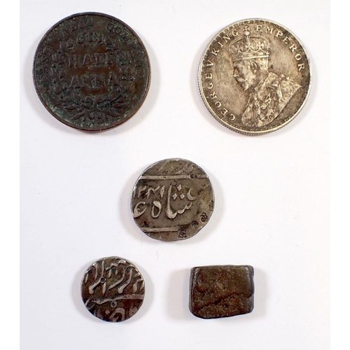 646 - A George V Indian one rupee silver coin 1919, an East India Company half anna 1835 and three Princel... 