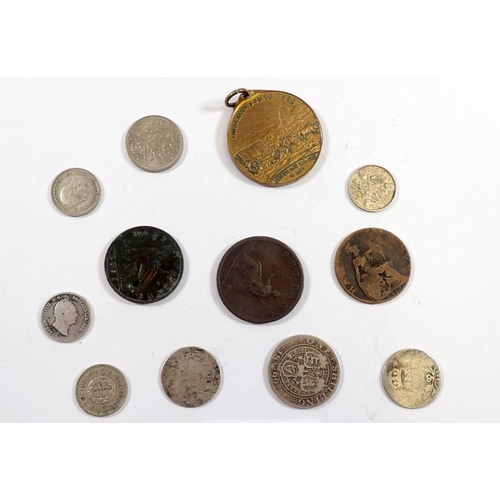 648 - A small group of British pre-decimal coins including George III halfpenny, William IV fourpence, Vic... 